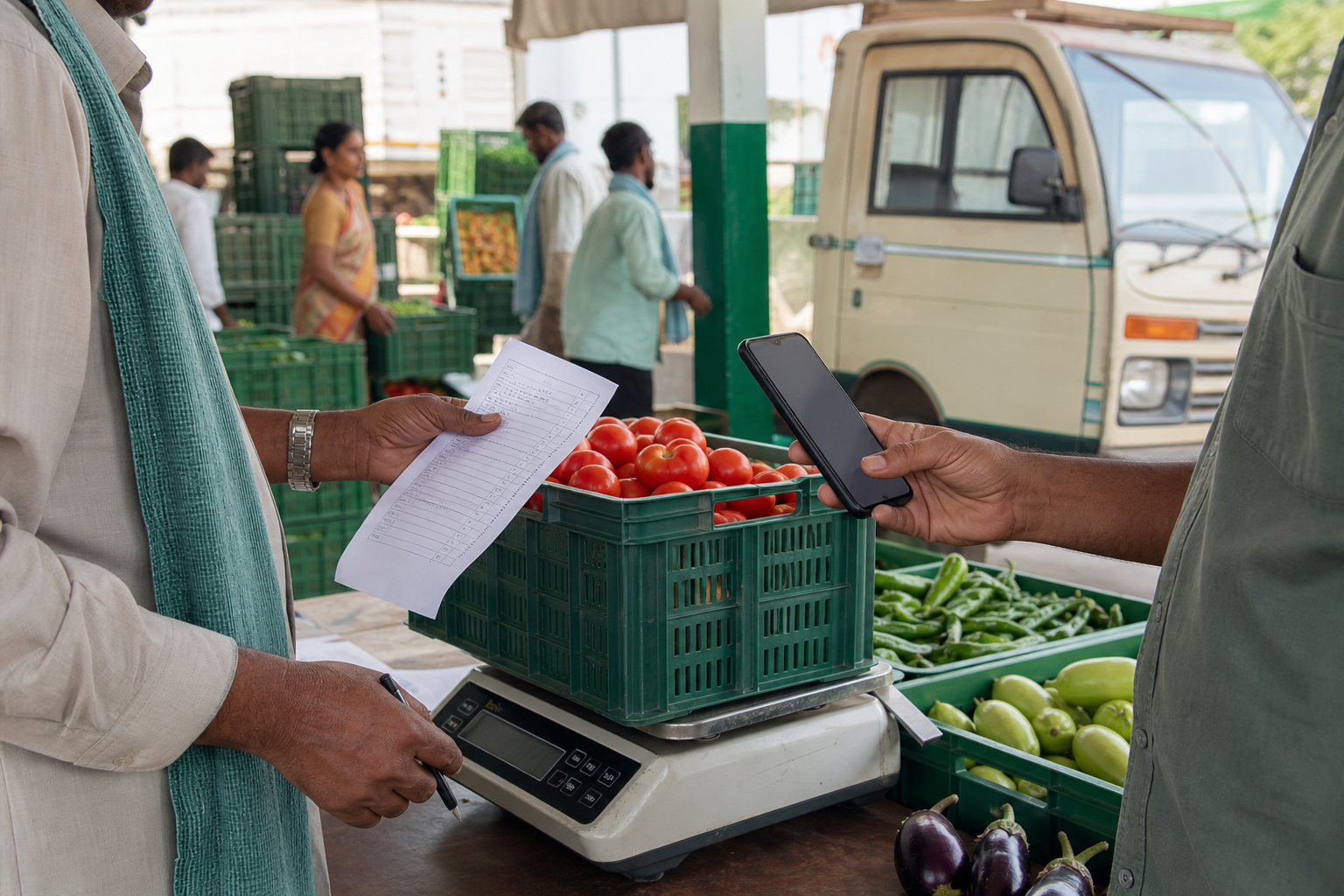 Embedded finance supporting produce weighing, invoicing, payment, and transport