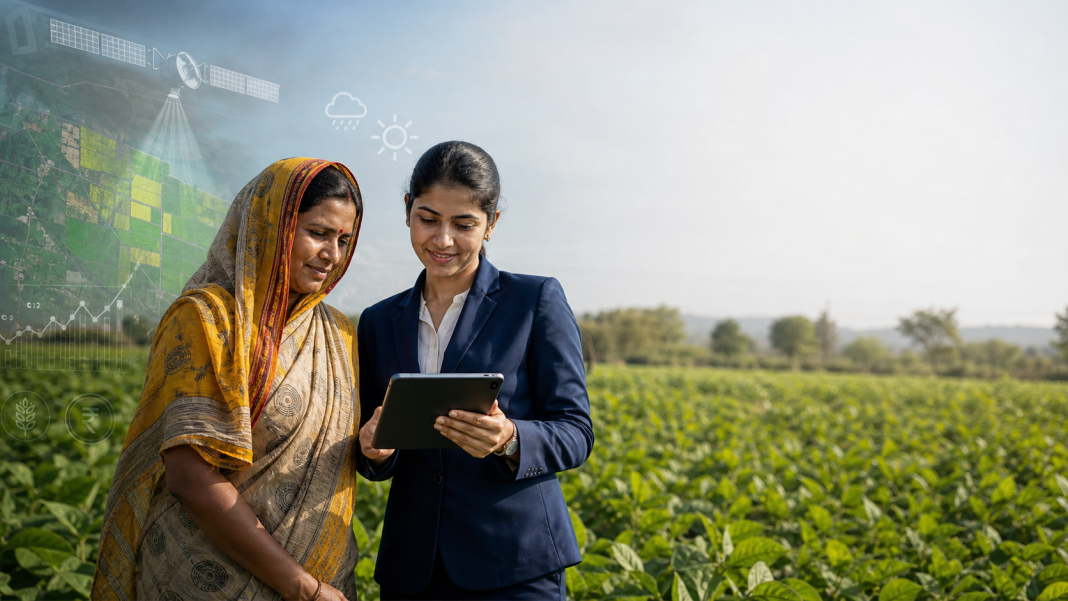 Digital farm lending officer reviewing alternative farm data with a farmer
